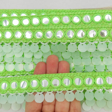 Green Fringe Trim With Mirrors And Sequins Tassels, Boho, Bohemian Trim